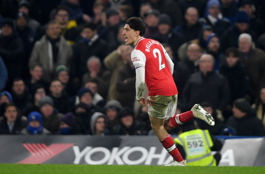LONDON, ENGLAND - JANUARY 21: Hector Bellerin of Arsenal celebrates after scoring his team's second goal during the Premier League match between Chelsea FC and Arsenal FC at Stamford Bridge on January 21, 2020 in London, United Kingdom. (Photo by Mike Hewitt/Getty Images)