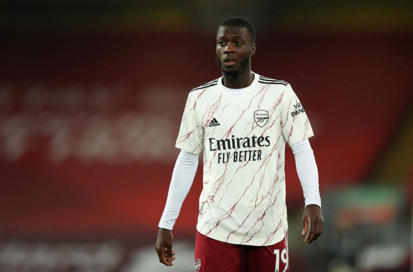 LIVERPOOL, ENGLAND - SEPTEMBER 28: Nicolas Pepe of Arsenal during the Premier League match between Liverpool and Arsenal at Anfield on September 28, 2020 in Liverpool, United Kingdom. Sporting stadiums around the UK remain under strict restrictions due to the Coronavirus Pandemic as Government social distancing laws prohibit fans inside venues resulting in games being played behind closed doors. (Photo by Robbie Jay Barratt - AMA/Getty Images)