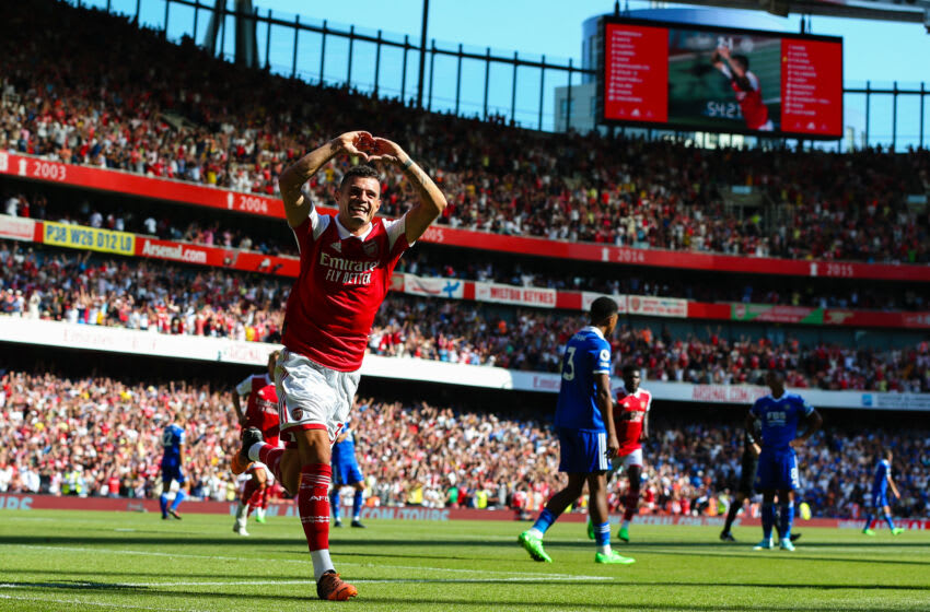 LONDON, ENGLAND - AUGUST 13: Granit Xhaka of Arsenal celebrates scoring his side's third goal during the Premier League match between Arsenal FC and Leicester City at Emirates Stadium on August 13, 2022 in London, United Kingdom. (Photo by Craig Mercer/MB Media/Getty Images)