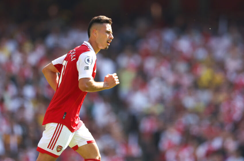 LONDON, ENGLAND - AUGUST 13: Gabriel Martinelli during the Premier League match between Arsenal FC and Leicester City at Emirates Stadium on August 13, 2022 in London, United Kingdom. (Photo by Matthew Ashton - AMA/Getty Images)