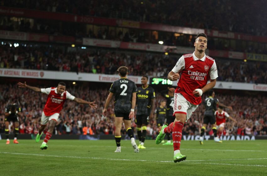 Arsenal's Brazilian midfielder Gabriel Martinelli celebrates scoring the team's second goal during the English Premier League football match between Arsenal and Aston Villa at the Emirates Stadium in London on August 31, 2022. - - RESTRICTED TO EDITORIAL USE. No use with unauthorized audio, video, data, fixture lists, club/league logos or 'live' services. Online in-match use limited to 120 images. An additional 40 images may be used in extra time. No video emulation. Social media in-match use limited to 120 images. An additional 40 images may be used in extra time. No use in betting publications, games or single club/league/player publications. (Photo by ADRIAN DENNIS / AFP) / RESTRICTED TO EDITORIAL USE. No use with unauthorized audio, video, data, fixture lists, club/league logos or 'live' services. Online in-match use limited to 120 images. An additional 40 images may be used in extra time. No video emulation. Social media in-match use limited to 120 images. An additional 40 images may be used in extra time. No use in betting publications, games or single club/league/player publications. / RESTRICTED TO EDITORIAL USE. No use with unauthorized audio, video, data, fixture lists, club/league logos or 'live' services. Online in-match use limited to 120 images. An additional 40 images may be used in extra time. No video emulation. Social media in-match use limited to 120 images. An additional 40 images may be used in extra time. No use in betting publications, games or single club/league/player publications. (Photo by ADRIAN DENNIS/AFP via Getty Images)