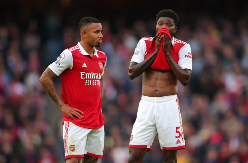 LONDON, ENGLAND - OCTOBER 30: Thomas Partey and Gabriel Jesus of Arsenal during the Premier League match between Arsenal FC and Nottingham Forest at Emirates Stadium on October 30, 2022 in London, United Kingdom. (Photo by Marc Atkins/Getty Images)