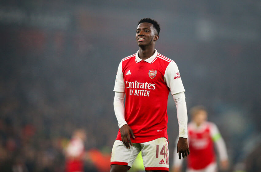 LONDON, ENGLAND - NOVEMBER 03: Eddie Nketiah of Arsenal reacts during the UEFA Europa League group A match between Arsenal FC and FC Zurich at Emirates Stadium on November 3, 2022 in London, United Kingdom. (Photo by Craig Mercer/MB Media/Getty Images)