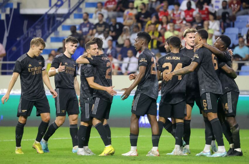 Arsenal's players celebrate after scoring a goal during the Dubai Super Cup 2022 match between Arsenal and Olympique Lyonnais at al-Maktoum stadium in Dubai on December 8, 2022. (Photo by KARIM SAHIB / AFP) (Photo by KARIM SAHIB/AFP via Getty Images)
