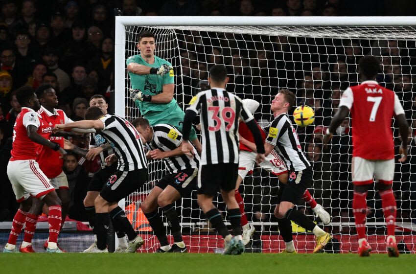 Newcastle United's English goalkeeper Nick Pope (6L) makes a save during the English Premier League football match between Arsenal and Newcastle United at the Emirates Stadium in London on January 3, 2023. - - RESTRICTED TO EDITORIAL USE. No use with unauthorized audio, video, data, fixture lists, club/league logos or 'live' services. Online in-match use limited to 120 images. An additional 40 images may be used in extra time. No video emulation. Social media in-match use limited to 120 images. An additional 40 images may be used in extra time. No use in betting publications, games or single club/league/player publications. (Photo by Ben Stansall / AFP) / RESTRICTED TO EDITORIAL USE. No use with unauthorized audio, video, data, fixture lists, club/league logos or 'live' services. Online in-match use limited to 120 images. An additional 40 images may be used in extra time. No video emulation. Social media in-match use limited to 120 images. An additional 40 images may be used in extra time. No use in betting publications, games or single club/league/player publications. / RESTRICTED TO EDITORIAL USE. No use with unauthorized audio, video, data, fixture lists, club/league logos or 'live' services. Online in-match use limited to 120 images. An additional 40 images may be used in extra time. No video emulation. Social media in-match use limited to 120 images. An additional 40 images may be used in extra time. No use in betting publications, games or single club/league/player publications. (Photo by BEN STANSALL/AFP via Getty Images)