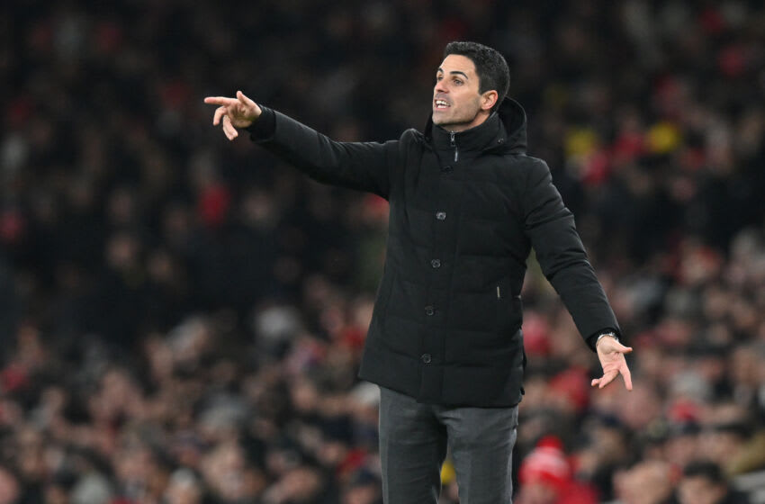 Arsenal's Spanish manager Mikel Arteta gestures on the touchline during the English Premier League football match between Arsenal and Manchester United at the Emirates Stadium in London on January 22, 2023. - - RESTRICTED TO EDITORIAL USE. No use with unauthorized audio, video, data, fixture lists, club/league logos or 'live' services. Online in-match use limited to 120 images. An additional 40 images may be used in extra time. No video emulation. Social media in-match use limited to 120 images. An additional 40 images may be used in extra time. No use in betting publications, games or single club/league/player publications. (Photo by Glyn KIRK / AFP) / RESTRICTED TO EDITORIAL USE. No use with unauthorized audio, video, data, fixture lists, club/league logos or 'live' services. Online in-match use limited to 120 images. An additional 40 images may be used in extra time. No video emulation. Social media in-match use limited to 120 images. An additional 40 images may be used in extra time. No use in betting publications, games or single club/league/player publications. / RESTRICTED TO EDITORIAL USE. No use with unauthorized audio, video, data, fixture lists, club/league logos or 'live' services. Online in-match use limited to 120 images. An additional 40 images may be used in extra time. No video emulation. Social media in-match use limited to 120 images. An additional 40 images may be used in extra time. No use in betting publications, games or single club/league/player publications. (Photo by GLYN KIRK/AFP via Getty Images)