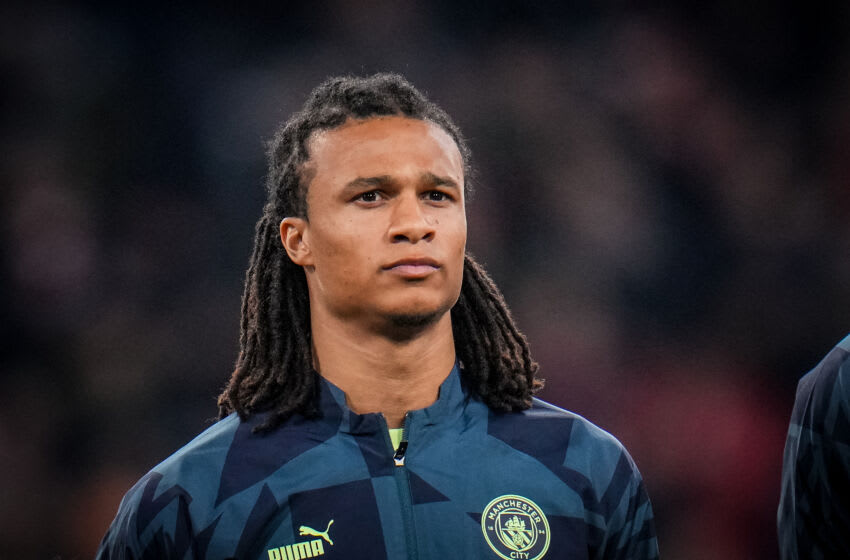 MUNICH, GERMANY - APRIL 19: Nathan Ake of Manchester City looks on prior to the UEFA Champions League Quarterfinal Second Leg match between FC Bayern Munchen and Manchester City at the Allianz Arena on April 19, 2023 in Munich, Germany (Photo by Rene Nijhuis/BSR Agency/Getty Images)