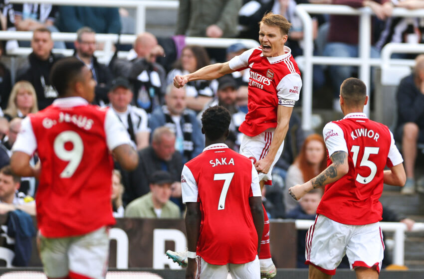 NEWCASTLE, ENGLAND - MAY 7: Martin Odegaard of Arsenal celebrates after scoring a goal to make it 0-1 during the Premier League match between Newcastle United and Arsenal FC at St. James Park on May 7, 2023 in Newcastle upon Tyne, United Kingdom.