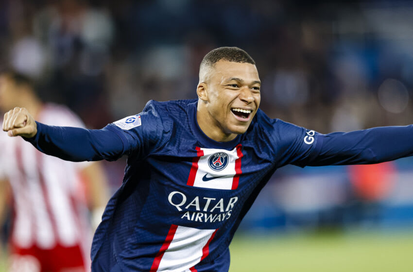 PARIS, FRANCE - MAY 13: Kylian Mbappe of Paris Saint Germain celebrates his goal during the Ligue 1 match between Paris Saint-Germain and AC Ajaccio at Parc des Princes on May 13, 2023 in Paris, France. (Photo by Antonio Borga/Eurasia Sport Images/Getty Images)