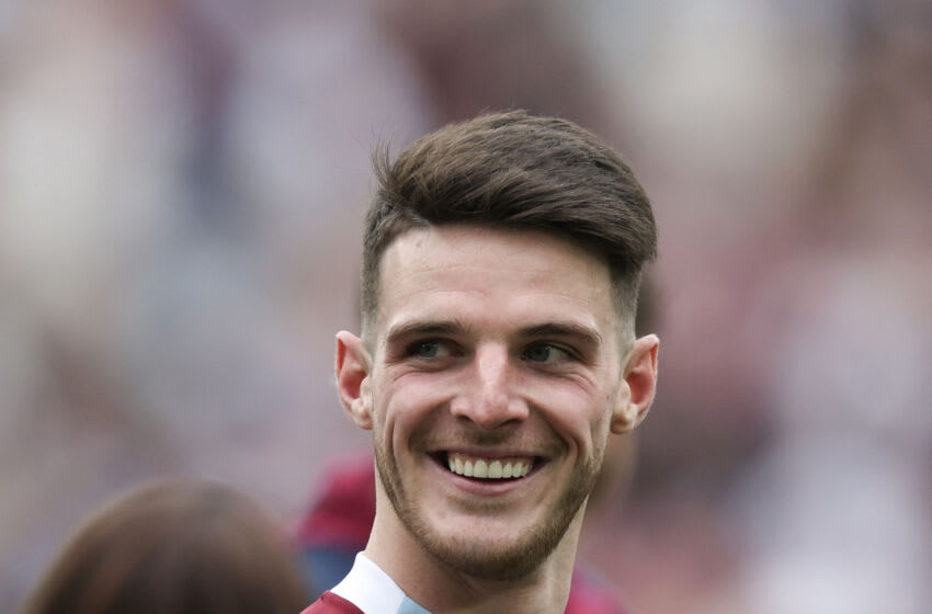 LONDON, ENGLAND - MAY 21: Declan Rice of West Ham United at full time of the Premier League match between West Ham United and Leeds United at London Stadium on May 21, 2023 in London, United Kingdom. (Photo by James Williamson - AMA/Getty Images)