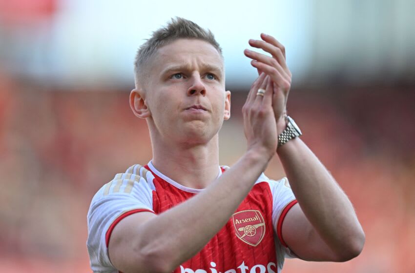 Arsenal's Ukrainian defender Oleksandr Zinchenko acknowledges supporters at the end of the English Premier League football match between Arsenal and Wolverhampton Wanderers at the Emirates Stadium in London on May 28, 2023. (Photo by Glyn KIRK / AFP) / RESTRICTED TO EDITORIAL USE. No use with unauthorized audio, video, data, fixture lists, club/league logos or 'live' services. Online in-match use limited to 120 images. An additional 40 images may be used in extra time. No video emulation. Social media in-match use limited to 120 images. An additional 40 images may be used in extra time. No use in betting publications, games or single club/league/player publications. / (Photo by GLYN KIRK/AFP via Getty Images)