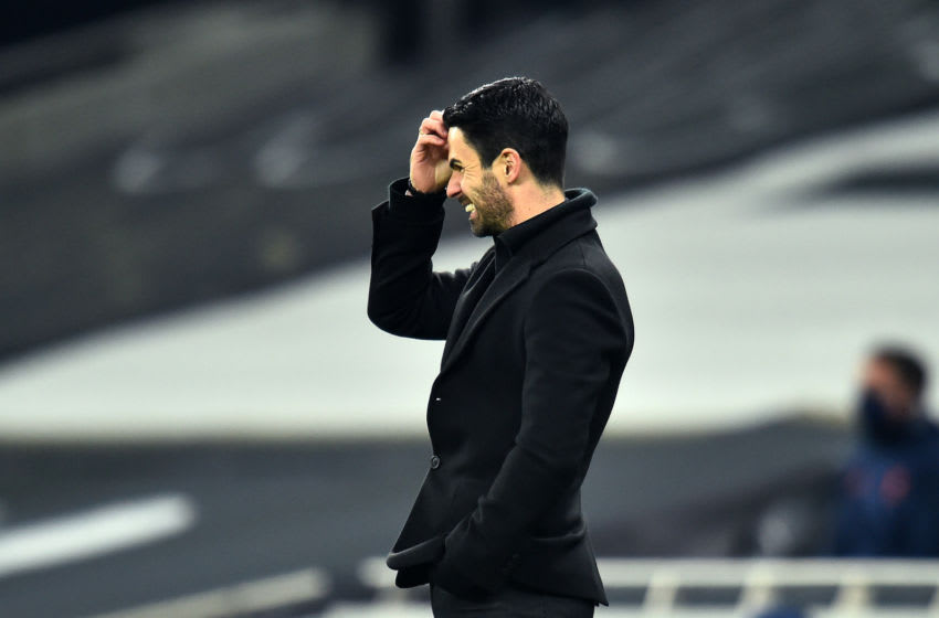 LONDON, ENGLAND - DECEMBER 06: Mikel Arteta, Manager of Arsenal reacts during the Premier League match between Tottenham Hotspur and Arsenal at Tottenham Hotspur Stadium on December 06, 2020 in London, England. A limited number of fans (2000) are welcomed back to stadiums to watch elite football across England. This was following easing of restrictions on spectators in tiers one and two areas only. (Photo by Glyn Kirk - Pool/Getty Images)