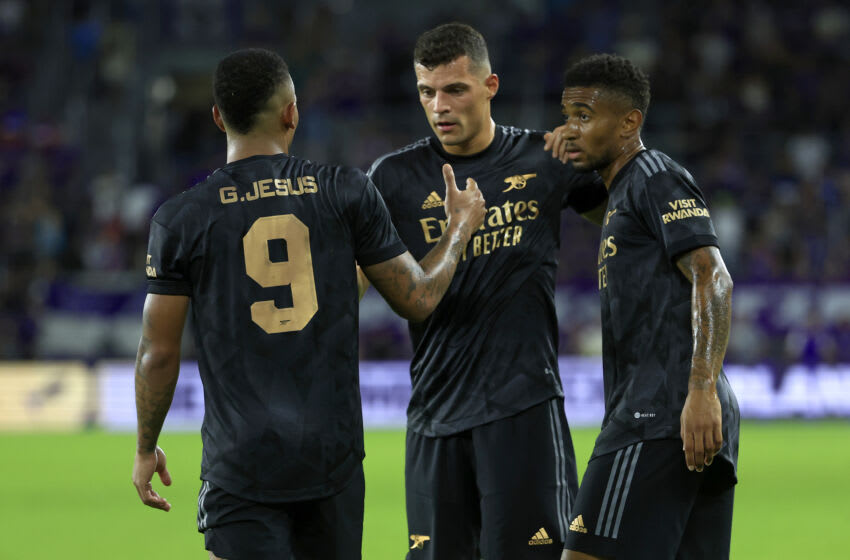 ORLANDO, FLORIDA - JULY 20: Gabriel Jesus #9, Granit Xhaka #34, and Reiss Nelson #4 of Arsenal celebrate winning a Florida Cup friendly against the Orlando City at Exploria Stadium on July 20, 2022 in Orlando, Florida. (Photo by Mike Ehrmann/Getty Images)