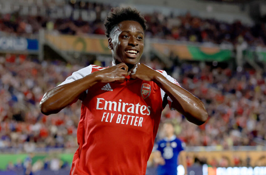 ORLANDO, FLORIDA - JULY 23: Albert Sambi Lokonga of Arsenal celebrates after scoring their side's fourth goal during the Florida Cup match against Chelsea at Camping World Stadium on July 23, 2022 in Orlando, Florida. (Photo by Sam Greenwood/Getty Images)