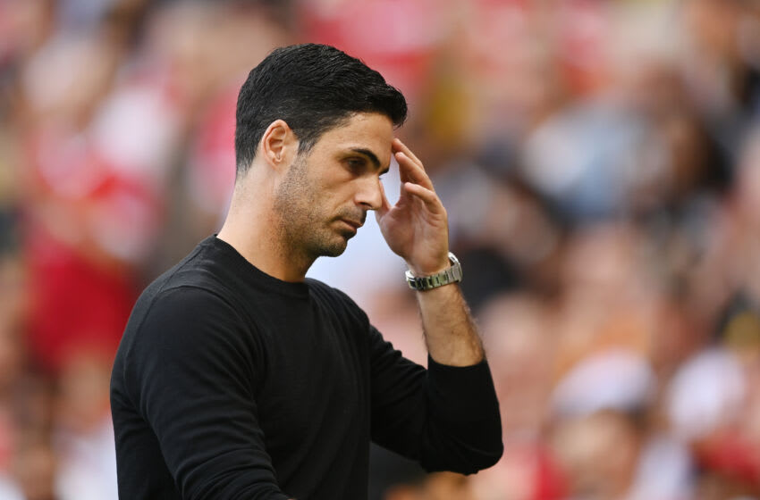 MANCHESTER, ENGLAND - SEPTEMBER 04: Arsenal manager Mikel Arteta looks on during the Premier League match between Manchester United and Arsenal FC at Old Trafford on September 04, 2022 in Manchester, England. (Photo by Michael Regan/Getty Images)
