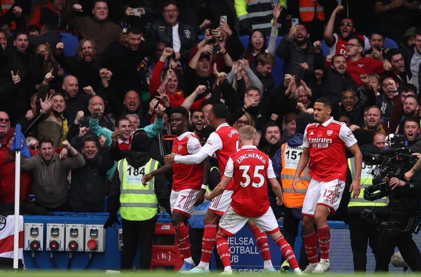 LONDON, ENGLAND - NOVEMBER 06: Gabriel Magalhaes of Arsenal celebrates their teams first goal during the Premier League match between Chelsea FC and Arsenal FC at Stamford Bridge on November 06, 2022 in London, England. (Photo by Ryan Pierse/Getty Images)