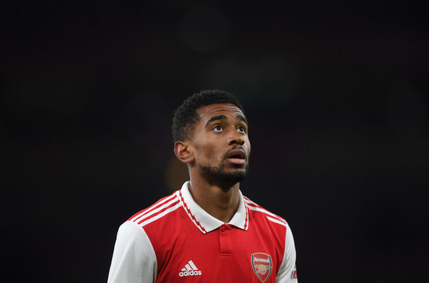 LONDON, ENGLAND - DECEMBER 17: Reiss Nelson of Arsenal looks on during the mid-season friendly between Arsenal and Juventus at Emirates Stadium on December 17, 2022 in London, England. (Photo by Harriet Lander/Copa/Getty Images)