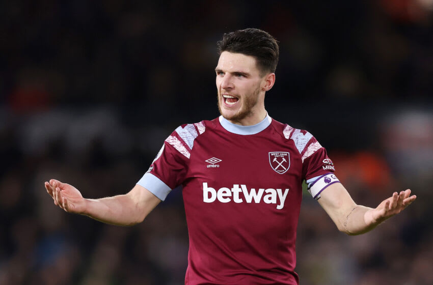 LEEDS, ENGLAND - JANUARY 04: Declan Rice of West Ham United reacts during the Premier League match between Leeds United and West Ham United at Elland Road on January 04, 2023 in Leeds, England. (Photo by George Wood/Getty Images)