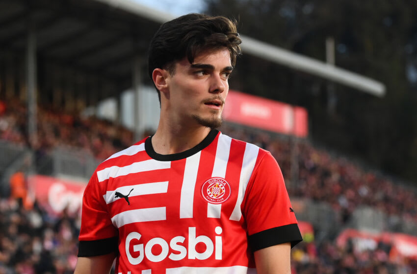GIRONA, SPAIN - JANUARY 14: Miguel Gutiérrez of Girona FC looks on during the LaLiga Santander match between Girona FC and Sevilla FC at Montilivi Stadium on January 14, 2023 in Girona, Spain. (Photo by David Ramos/Getty Images)