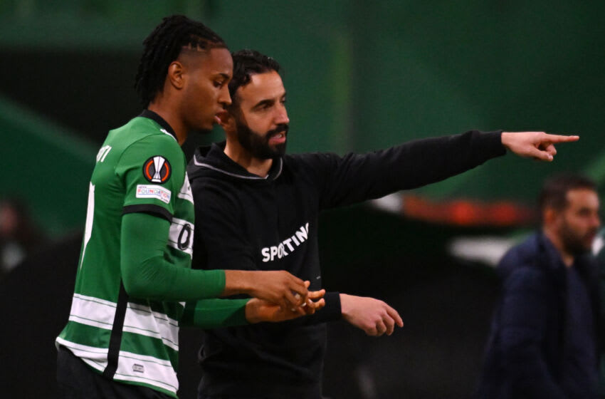 LISBON, PORTUGAL - FEBRUARY 16: Manager Rúben Amorim and Youssef Chermiti of Sporting in action during the UEFA Europa League knockout round play-off leg one match between Sporting CP and FC Midtjylland at Estadio Jose Alvalade on February 16, 2023 in Lisbon, Portugal. (Photo by Zed Jameson/MB Media/Getty Images)