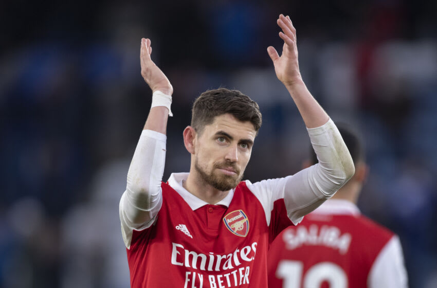 LEICESTER, ENGLAND - FEBRUARY 25: Jorginho of Arsenal applauds fans following the Premier League match between Leicester City and Arsenal FC at The King Power Stadium on February 25, 2023 in Leicester, United Kingdom. (Photo by Joe Prior/Visionhaus via Getty Images)