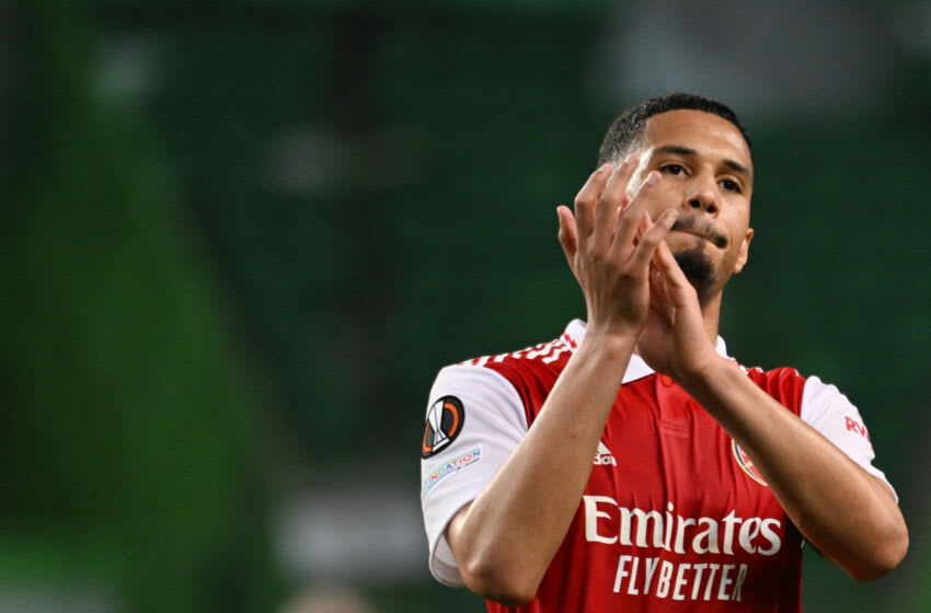 LISBON, PORTUGAL - MARCH 09: William Saliba of Arsenal in action during the UEFA Europa League round of 16 leg one match between Sporting CP and Arsenal FC at Estadio Jose Alvalade on March 9, 2023 in Lisbon, Portugal. (Photo by Zed Jameson/MB Media/Getty Images)