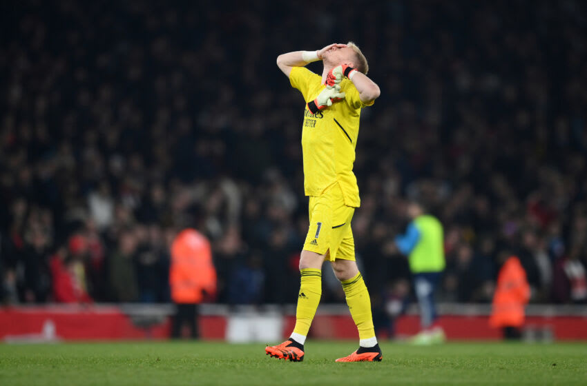 LONDON, ENGLAND - APRIL 21: Aaron Ramsdale of Arsenal looks dejected at the full-time whistle during the Premier League match between Arsenal FC and Southampton FC at Emirates Stadium on April 21, 2023 in London, England. (Photo by Shaun Botterill/Getty Images)
