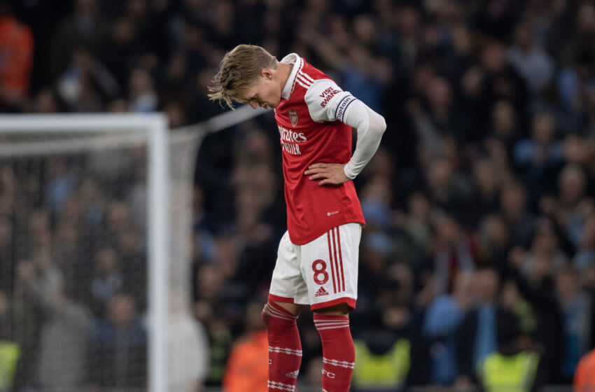 MANCHESTER, ENGLAND - APRIL 26: Martin Odegaard of Arsenal looks dejected during the Premier League match between Manchester City and Arsenal FC at Etihad Stadium on April 26, 2023 in Manchester, United Kingdom. (Photo by Joe Prior/Visionhaus via Getty Images)