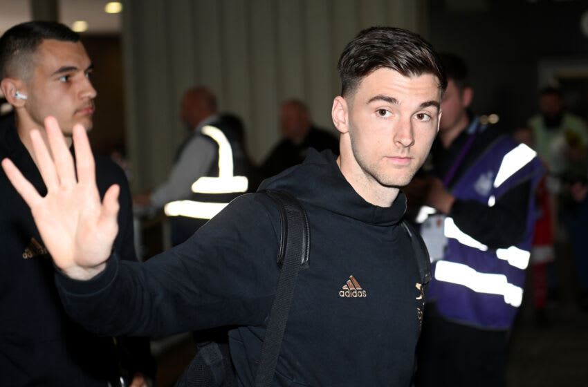 NEWCASTLE UPON TYNE, ENGLAND - MAY 07: Kieran Tierney of Arsenal arrives at the stadium prior to the Premier League match between Newcastle United and Arsenal FC at St. James Park on May 07, 2023 in Newcastle upon Tyne, England. (Photo by Michael Regan/Getty Images)
