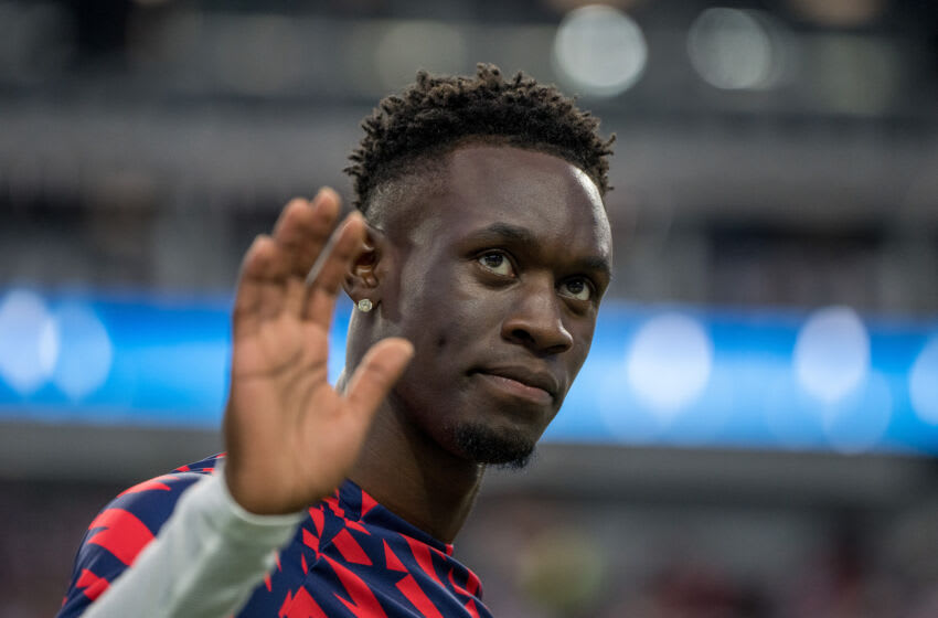 LAS VEGAS, NV - JUNE 15: Folarin Balogun #20 of the U.S. warms up during a CONCACAF Nations League Semi-Final game between Mexico and the United States at Allegiant Stadium on June 15, 2023 in Las Vegas, Nevada. (Photo by John Todd/USSF/Getty Images for USSF).