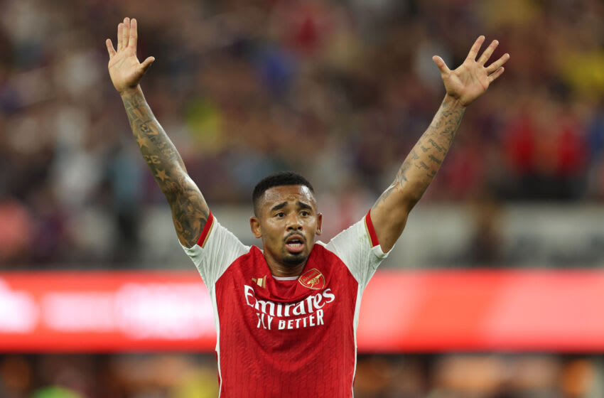 INGLEWOOD, CALIFORNIA - JULY 26: Gabriel Jesus of Arsenal during the US Summer Series game between Arsenal and FC Barcelona at SoFi Stadium on July 26, 2023 in Inglewood, California. (Photo by Matthew Ashton - AMA/Getty Images)