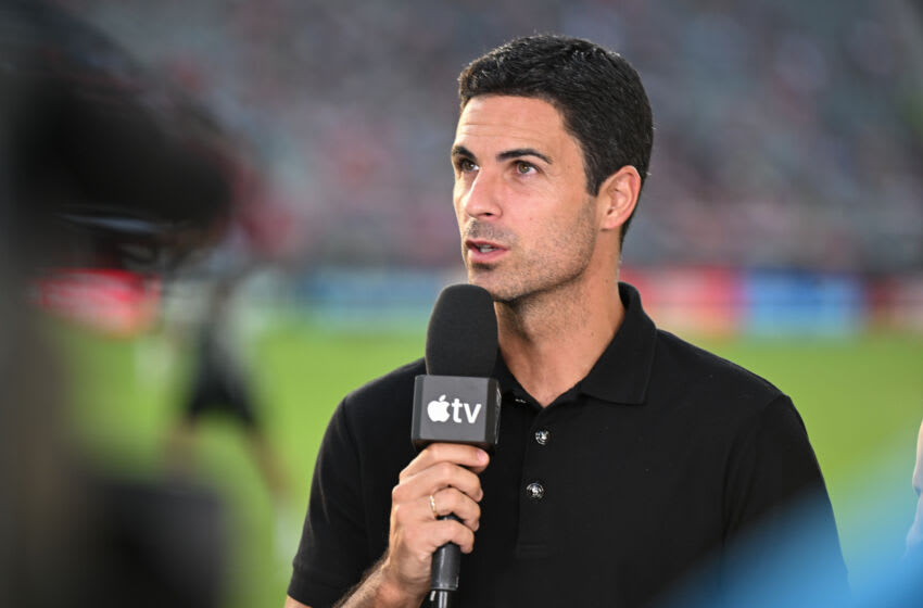 WASHINGTON, DC - JULY 19: Mikel Arteta on Apple TV before a game between Arsenal and Major League Soccer at Audi Field on July 19, 2023 in Washington, DC. (Photo by Stephen Nadler/ISI Photos/Getty Images)