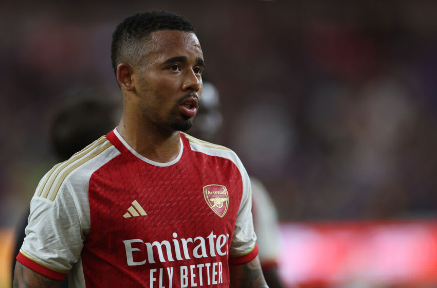 INGLEWOOD, CALIFORNIA - JULY 26: Gabriel Jesus #9 of Arsenal during a pre-season friendly between Arsenal and FC Barcelona at SoFi Stadium on July 26, 2023 in Inglewood, California. (Photo by Harry How/Getty Images)
