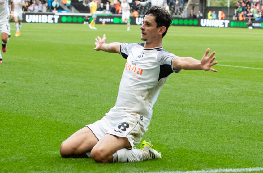 SWANSEA, WALES - SEPTEMBER 23: Charlie Patino of Swansea City celebrates scoring during the Sky Bet Championship match between Swansea City and Sheffield Wednesday at the Swansea.com Stadium on September 23, 2023 in Swansea, Wales. (Photo by Athena Pictures/Getty Images)