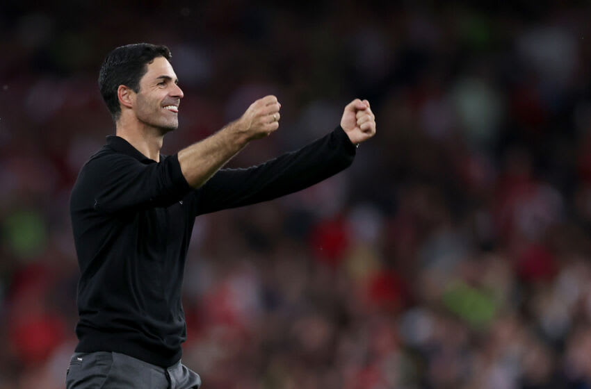 LONDON, ENGLAND - OCTOBER 08: Mikel Arteta, Manager of Arsenal, celebrates following their sides victory after the Premier League match between Arsenal FC and Manchester City at Emirates Stadium on October 08, 2023 in London, England. (Photo by Ryan Pierse/Getty Images)