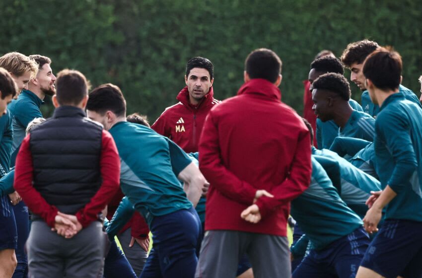Arsenal's Spanish manager Mikel Arteta (C) reacts as he leads a team training session at Arsenal's training ground in north London on October 23, 2023, ahead of their UEFA Champions League Group B football match against Sevilla FC. (Photo by HENRY NICHOLLS / AFP) (Photo by HENRY NICHOLLS/AFP via Getty Images)