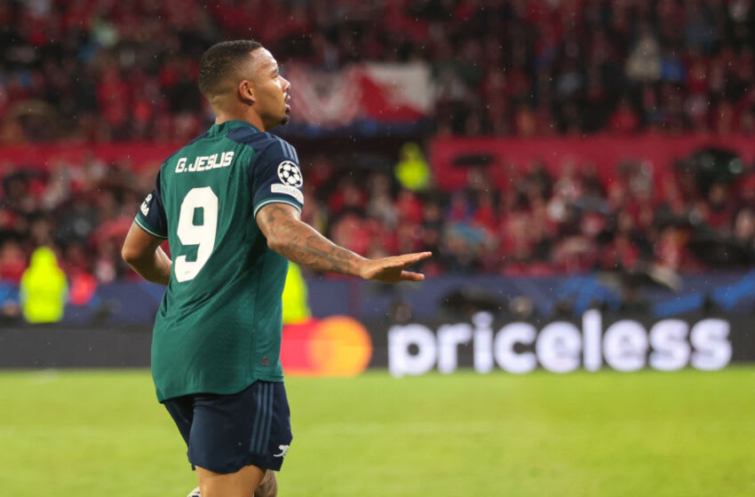 SEVILLE, SPAIN - OCTOBER 24: Gabriel Jesus of Arsenal FC celebrates a goal (0-2) during the UEFA Champions League match between Sevilla FC and Arsenal FC at Estadio Ramon Sanchez Pizjuan on October 24, 2023 in Seville, Spain. (Photo by MB Media/Getty Images)