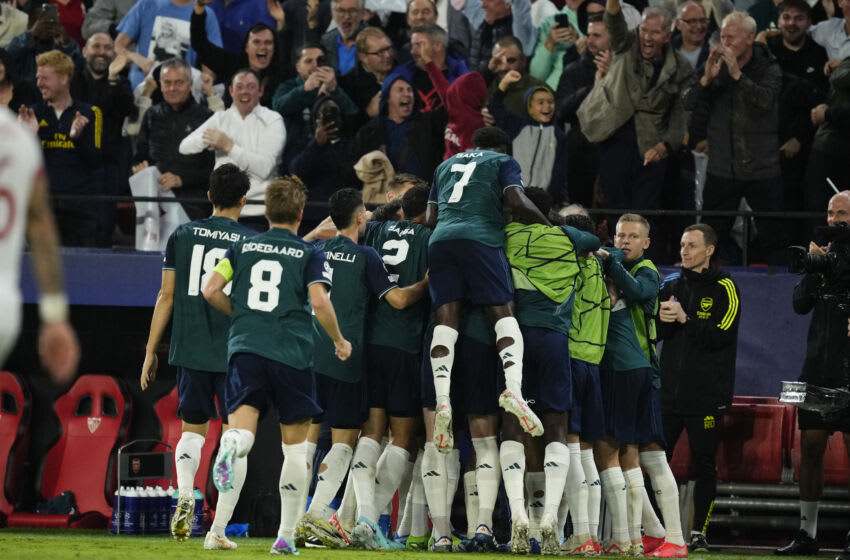 SEVILLE, SPAIN - OCTOBER 24: Gabriel Jesus Centre-Forward of Arsenal and Brazil celebrates after scoring his sides first goal during the UEFA Champions League match between Sevilla FC and Arsenal FC at Estadio Ramon Sanchez Pizjuan on October 24, 2023 in Seville, Spain. (Photo by Jose Hernandez/Anadolu via Getty Images)