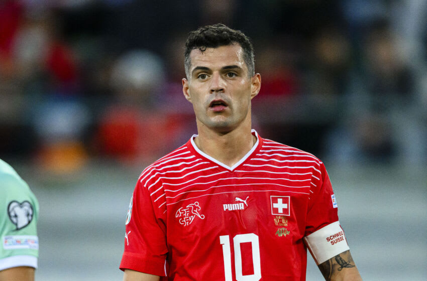ST GALLEN, SWITZERLAND - OCTOBER 15: Granit Xhaka of Switzerland walks in the field during the UEFA EURO 2024 European qualifier match between Switzerland and Belarus at Kybunpark on October 15, 2023 in St Gallen, Switzerland. (Photo by Marcio Machado/Eurasia Sport Images/Getty Images)