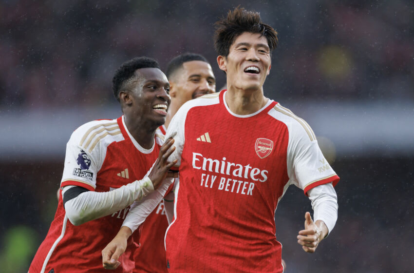 LONDON, ENGLAND - OCTOBER 28: Takehiro Tomiyasu of Arsenal celebrates with Eddie Nketiah during the Premier League match between Arsenal FC and Sheffield United at Emirates Stadium on October 28, 2023 in London, England. (Photo by Marc Atkins/Getty Images)