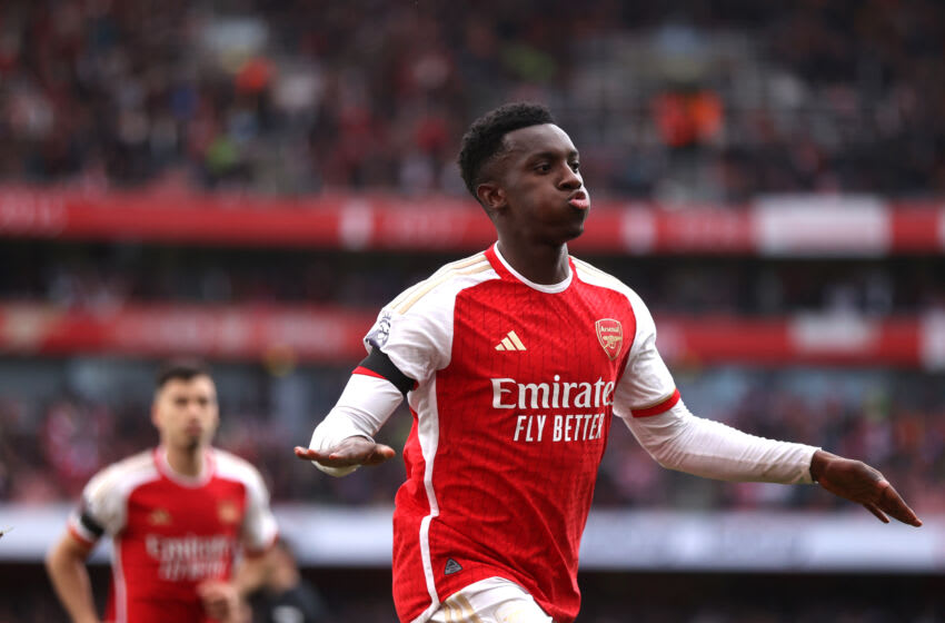 LONDON, ENGLAND - OCTOBER 28: Eddie Nketiah of Arsenal celebrates after scoring the team's second goal during the Premier League match between Arsenal FC and Sheffield United at Emirates Stadium on October 28, 2023 in London, England. (Photo by Alex Pantling/Getty Images)